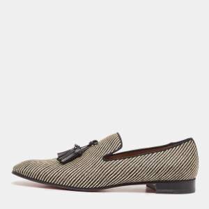 Christian Louboutin Black/Beige Woven Raffia Dandelion Tassel Slip On Loafers Size 42