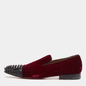 Christian Louboutin Burgundy Velvet and Patent Leather Spooky Spiked Smoking Slippers Size 43