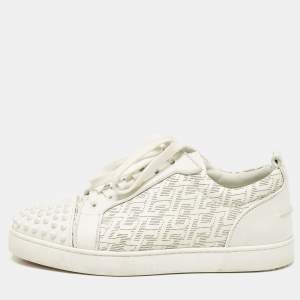 Christian Louboutin White Leather Louis Junior Spikes Lace Up Sneakers Size 44