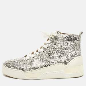 Christian Louboutin White/Black Graffiti Leather Aurelien High Top Sneakers Size 43.5