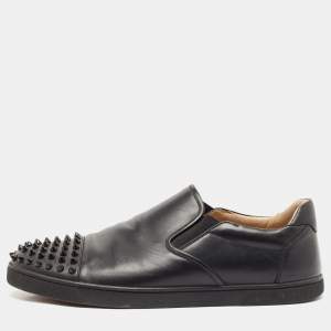 Christian Louboutin Black Leather Boat Spike Slip On Sneakers Size 41