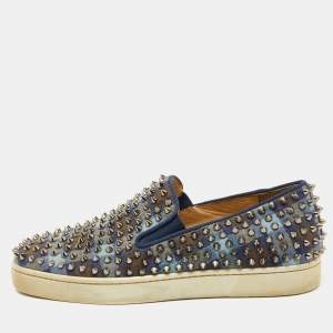 Christian Louboutin Blue Check Canvas Dandelion Spike Slip On Sneakers Size 41