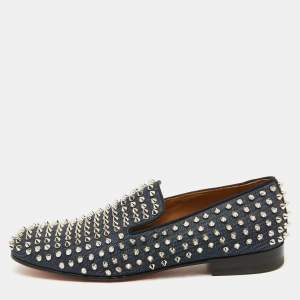 Christian Louboutin Navy Blue Fabric Dandelion Spikes Smoking Slippers Size 41