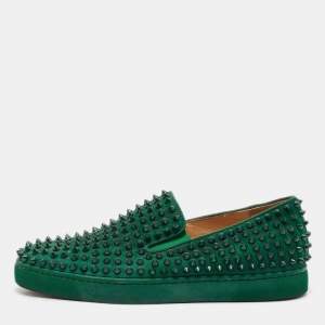 Christian Louboutin Green Suede Roller Boat Spike Slip On Sneakers Size 40.5