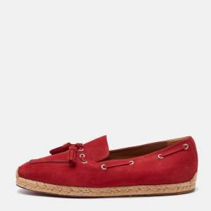 Christian Louboutin Red Nubuck Leather Tassel Embellished Espadrilles Loafers Size 45