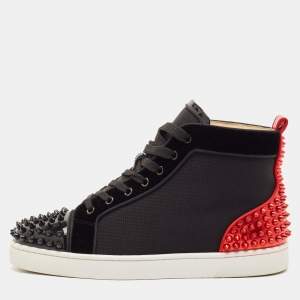 Christian Louboutin Black/Red Velvet And Leather Louis Spikes High Top Sneakers Size 40.5