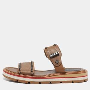 Christian Louboutin Brown Croc Embossed Leather Spike Chain Embellished Flat Sandals Size 44