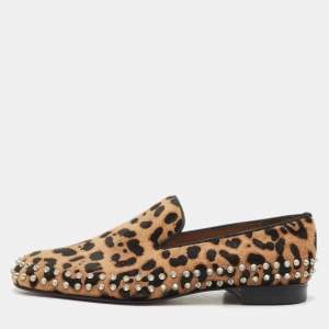 Christian Louboutin Brown Leopard Calfhair Spike Smoking Slippers Size 42.5