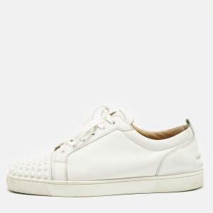Christian Louboutin White Leather Louis Junior Spikes Lace Up Sneakers Size 45.5