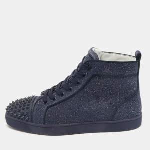 Christian Louboutin Navy Blue Glitter Lou Spikes High Top Sneakers Size 42.5