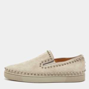 Christian Louboutin Light Grey Suede Spikes Pik Boat Slip On Sneakers Size 42.5