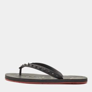 Christian Louboutin Black Rubber Loubi Tonal Spikes Flip Flops Size 41