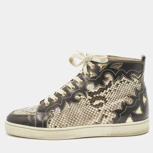 Christian Louboutin Black/Beige Leather And Python Rantus Orlato High Top Sneakers Size 43