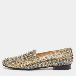 Christian Louboutin Gold Glitter Dandelion Spikes Smoking Slippers Size 40