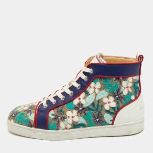 Pre Owned Christian Louboutin Multicolor Embroidered Suede and Leather Louis Patch High Top Sneakers Size 43