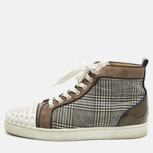 Pre Owned Christian Louboutin Multicolor Check Fabric And Leather Louis Spike High Top Sneakers Size 42.5