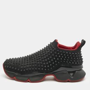 Pre Owned Christian Louboutin Black Stretch Fabric Spike Sock Slip On Platform Sneakers Size 41.5