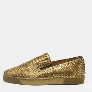 Pre Owned Christian Louboutin Gold Python Leather Pik Boat Slip On Sneakers Size 43.5