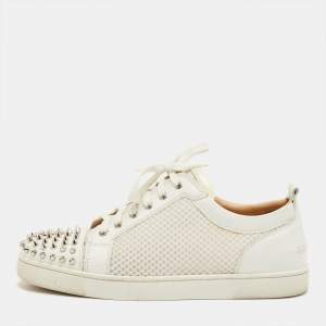 Pre Owned Christian Louboutin White Leather and Mesh Spike Lace Up Sneakers Size 43.5