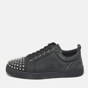 Pre Owned Christian Louboutin Louis Junior Size 42 Black Denim studded Lace Up Sneakers