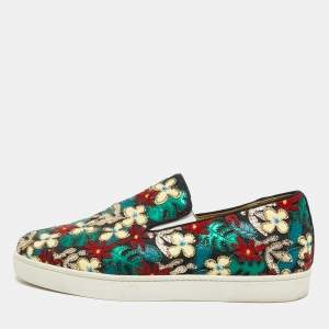 مملوكة مسبقًا Christian Louboutin Size 42.5 Multicolor Canvas And Patent Leather Floral Applique Slip On Sneakers