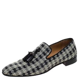 Christian Louboutin Black/White Woven Raffia Dandelion Tassel Slip On Loafers Size 42