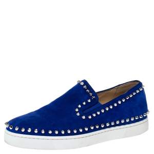 Christian Louboutin Blue Suede Spike Pik Boat Slip On Sneakers Size 39