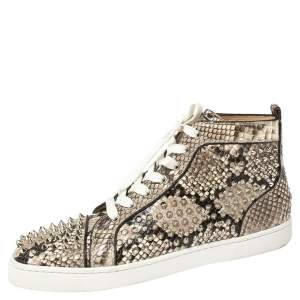 Pre Owned Christian Louboutin Beige Spike Python Louis High Top Sneakers Size 40.5