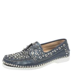 Pre Owned Christian Louboutin Blue Leather Yacht Spikes Loafers Size 41