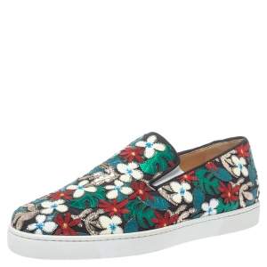 Pre Owned Christian Louboutin Multicolor Canvas And Patent Floral Applique Slip-on Sneakers Size 43