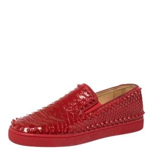 Pre Owned Christian Louboutin Red Python Roller Boat Spiked Slip On Sneakers Size 43