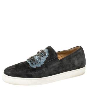 Pre Owned Christian Louboutin Grey Suede Embellished 'Ecuboat' Slip on Sneakers Size 45.5