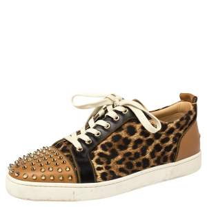 Christian Louboutin Brown Leather And Leopard Print Canvas Louis Junior Spikes Sneakers Size 45.5