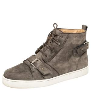 Pre Owned Christian Louboutin Grey Suede Nono Strap Reglisse High Top Sneakers Size 44