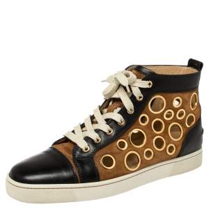 Pre Owned Christian Louboutin Black/Brown Suede And Leather Bubble High Top Sneakers Size 41.5