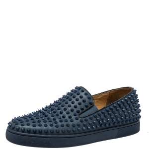 Christian Louboutin Blue Leather Roller Boat Spike Slip On Sneakers Size 43