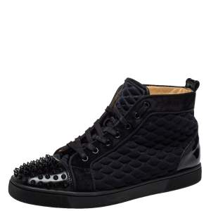 Pre Owned  Christian Louboutin Black Suede And Fabric Spike Embellished High Top Sneakers Size 42.5