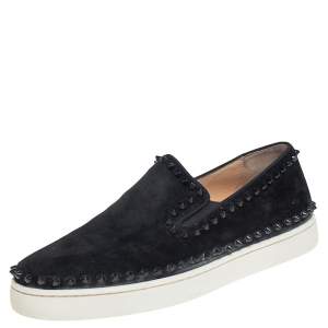 Pre Owned Christian Louboutin Black Suede Spike Pik Boat Slip On Sneakers Size 42