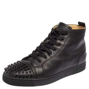 Christian Louboutin Black Leather Lou Spikes High Top Sneakers Size 44.5