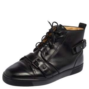 Pre Owned Christian Louboutin Black Leather Nono Strap High Top Sneakers Size 42.5