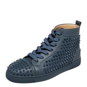 Pre Owned Christian Louboutin Blue Leather Louis Spikes High Top Sneakers Size 42