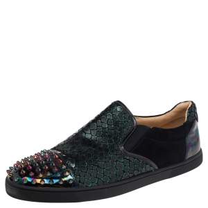 Christian Louboutin Multicolor Snake Print Leather And Holographic Leather Spike Toe Cap Sneakers Size 44