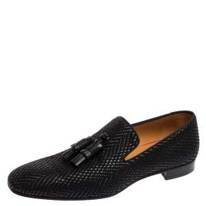 مملوكة مسبقًا Christian Louboutin Black Woven Leather Dandelion Tassel Detail Loafers Size 46