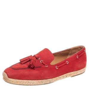 مملوكة مسبقًا حذاء لوفرز إسبادريلز كريستيان لوبوتان مزخرف شراشيب جلد نوبوك أحمر مقاس 44