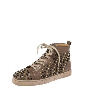 Christian Louboutin Dark Beige Leather Louis Orlato Spike High Top Sneakers Size 40.5