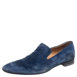 مملوكة مسبقًا Christian Louboutin Blue Suede Dandelion Grosgrain-Trimmed Loafers Size 45