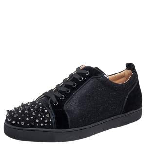 Christian Louboutin Black Suede And Lame Fabric Louis Junior Studded Low Top Sneakers Size 44.5