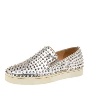 Christian Louboutin Metallic Silver Leather Roller Boat Spiked Slip On Sneakers Size 40