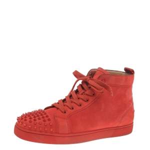 Christian Louboutin Orange Suede Lou Spikes High Top Sneakers Size 44