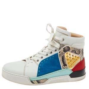 Christian Louboutin Multicolor Leather, Suede and Python Trim Loubikick High-Top Sneakers Size 43